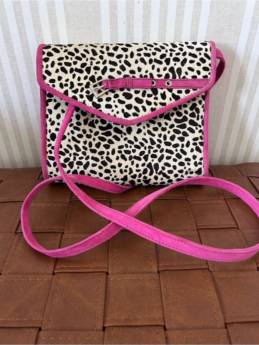 VINTAGE VAN ELi Pony Hair Spotted Pink Suede Crossbody Handbag Removable Strap